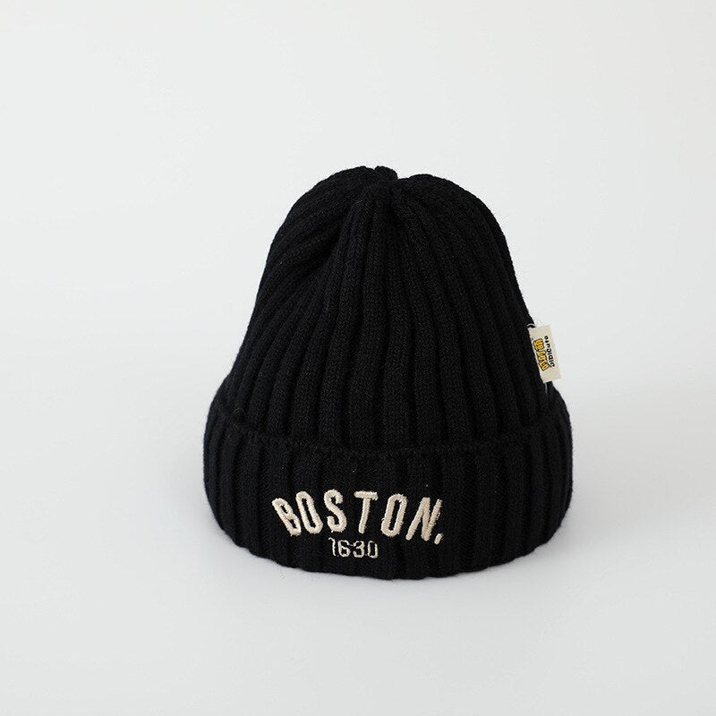 Kids’ BOSTON Letter Beanie – Soft Woolen Knit Winter Hat for Children - Urban Caps