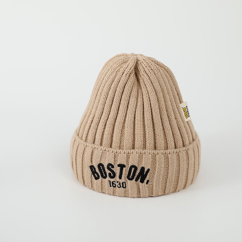 Kids’ BOSTON Letter Beanie – Soft Woolen Knit Winter Hat for Children - Urban Caps