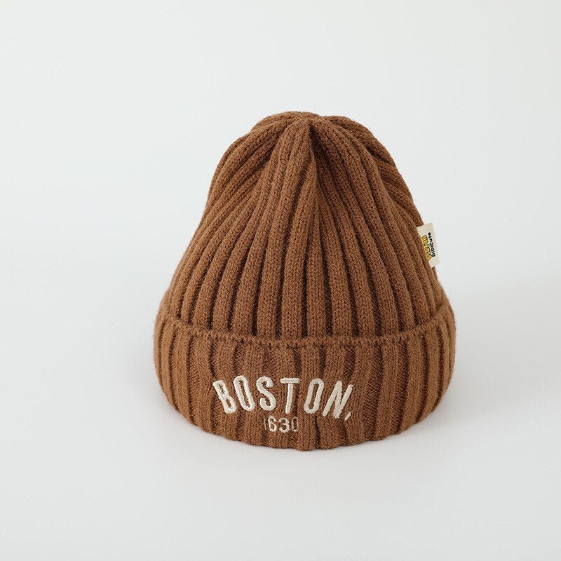 Kids’ BOSTON Letter Beanie – Soft Woolen Knit Winter Hat for Children - Urban Caps