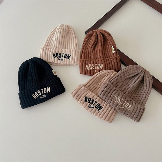 Kids’ BOSTON Letter Beanie – Soft Woolen Knit Winter Hat for Children - Urban Caps