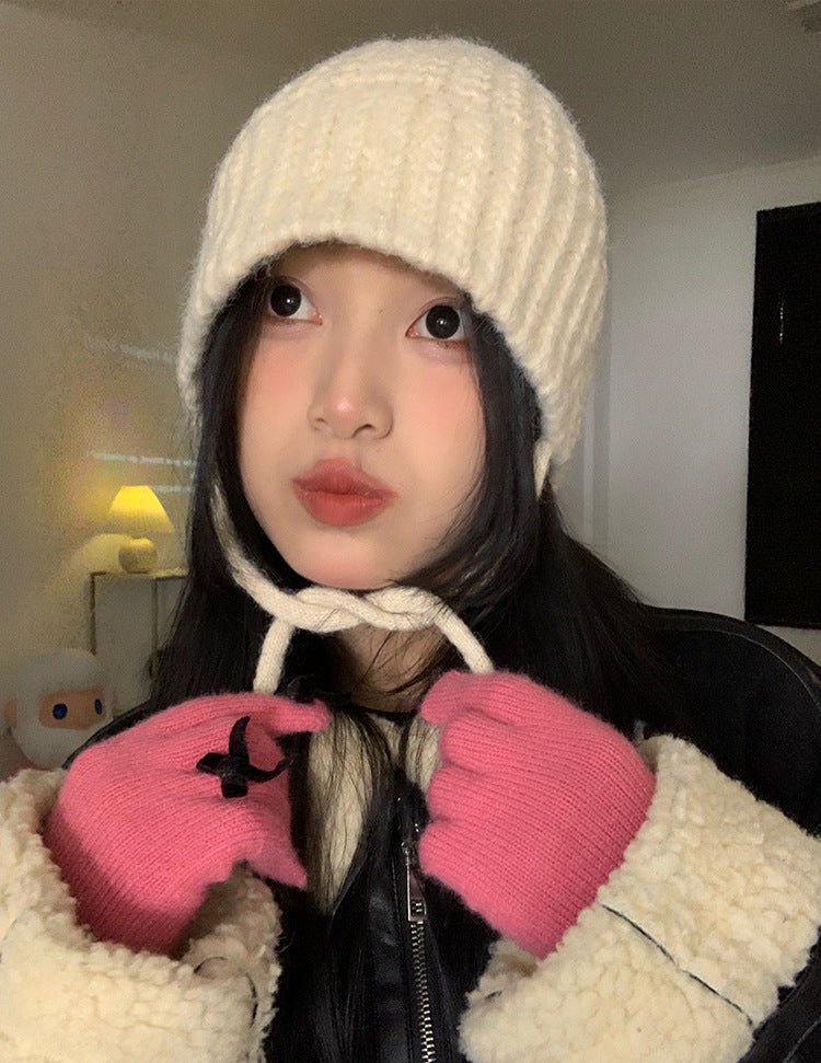 Kids’ Windproof Earflap Beanie – Lace - Up Woolen Knit Hat for Winter Warmth - Urban Caps