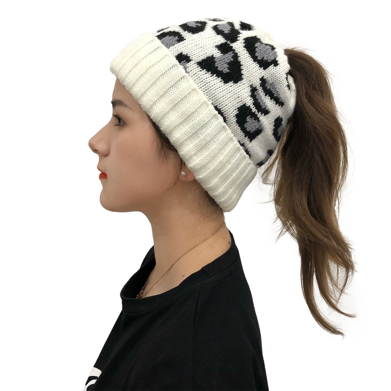 Leopard Ponytail Beanie – Jacquard Knit Hat with Hair Slot for Women - Urban Caps