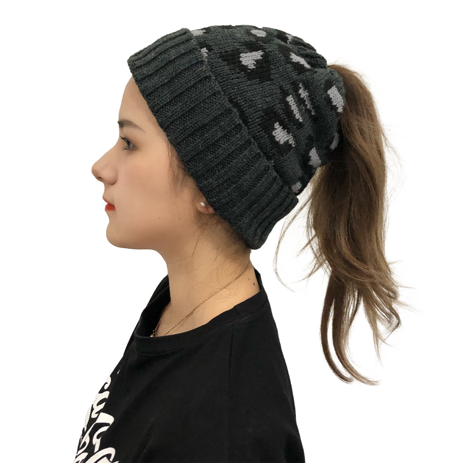 Leopard Ponytail Beanie – Jacquard Knit Hat with Hair Slot for Women - Urban Caps
