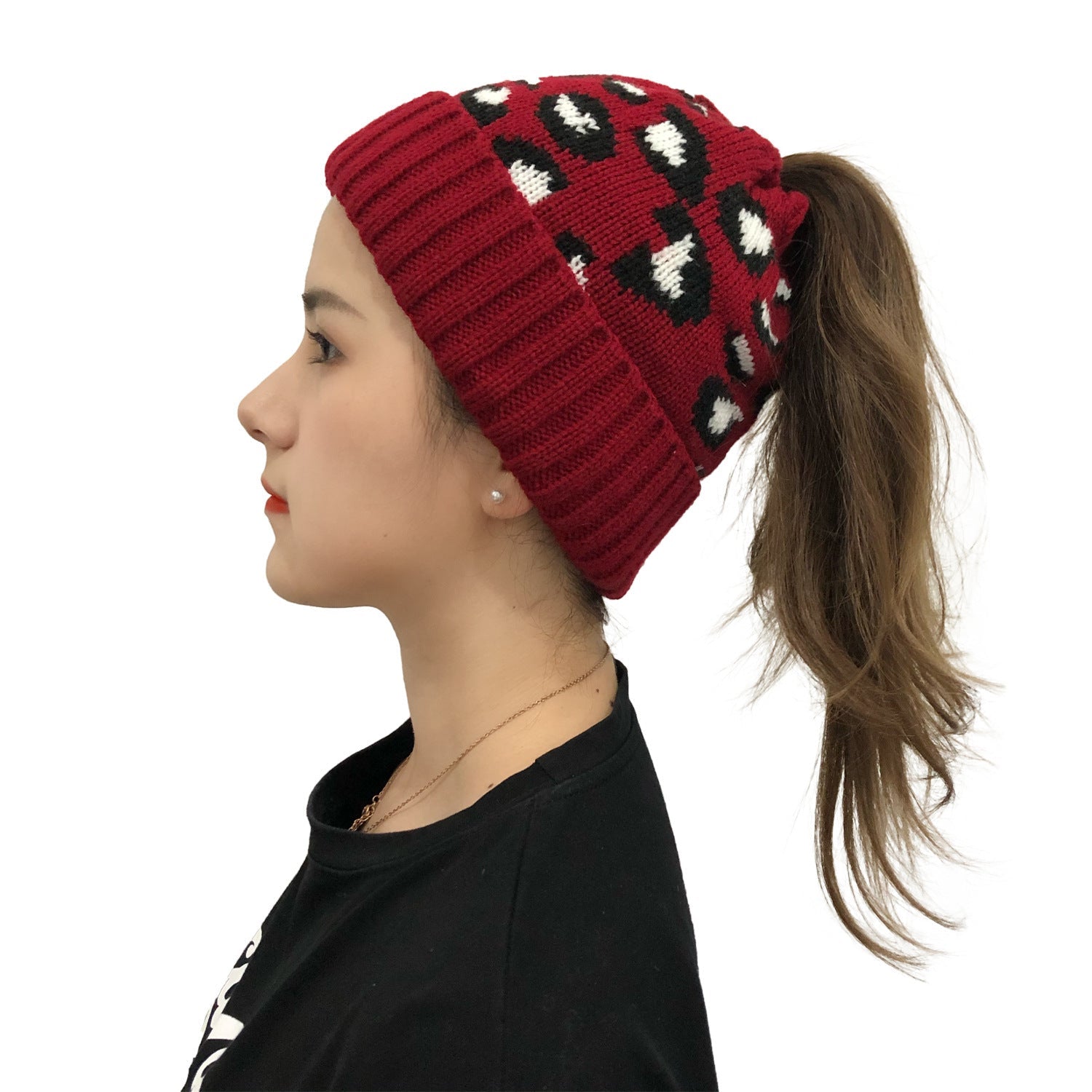 Leopard Ponytail Beanie – Jacquard Knit Hat with Hair Slot for Women - Urban Caps