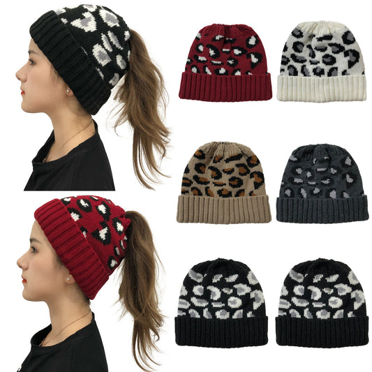 Leopard Ponytail Beanie – Jacquard Knit Hat with Hair Slot for Women - Urban Caps