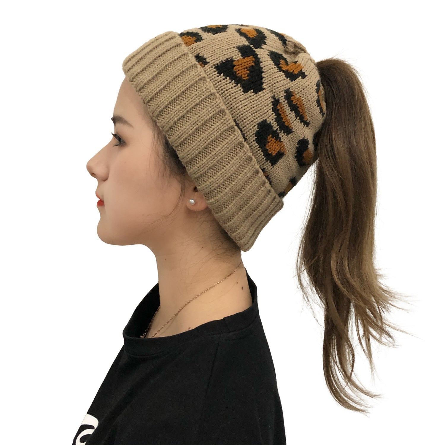 Leopard Ponytail Beanie – Jacquard Knit Hat with Hair Slot for Women - Urban Caps