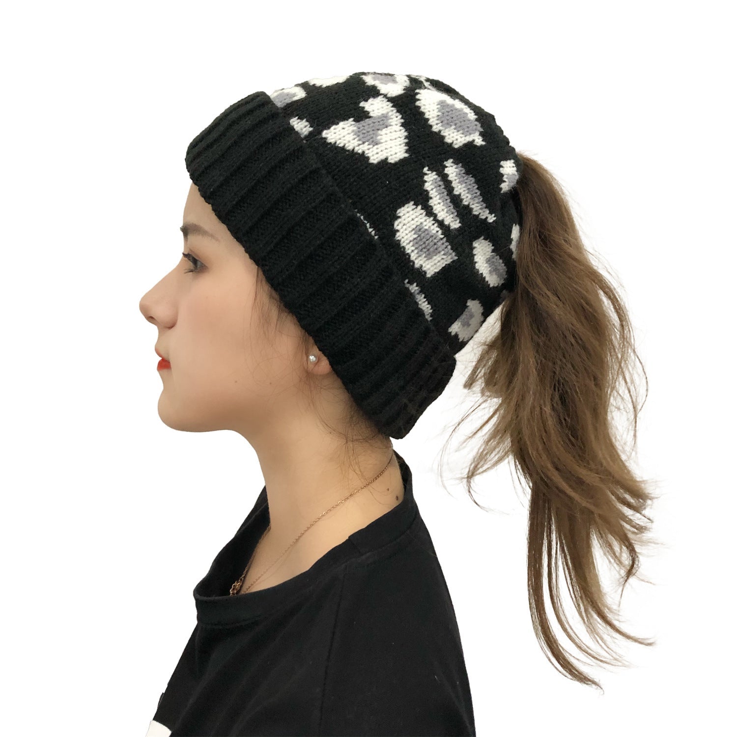 Leopard Ponytail Beanie – Jacquard Knit Hat with Hair Slot for Women - Urban Caps