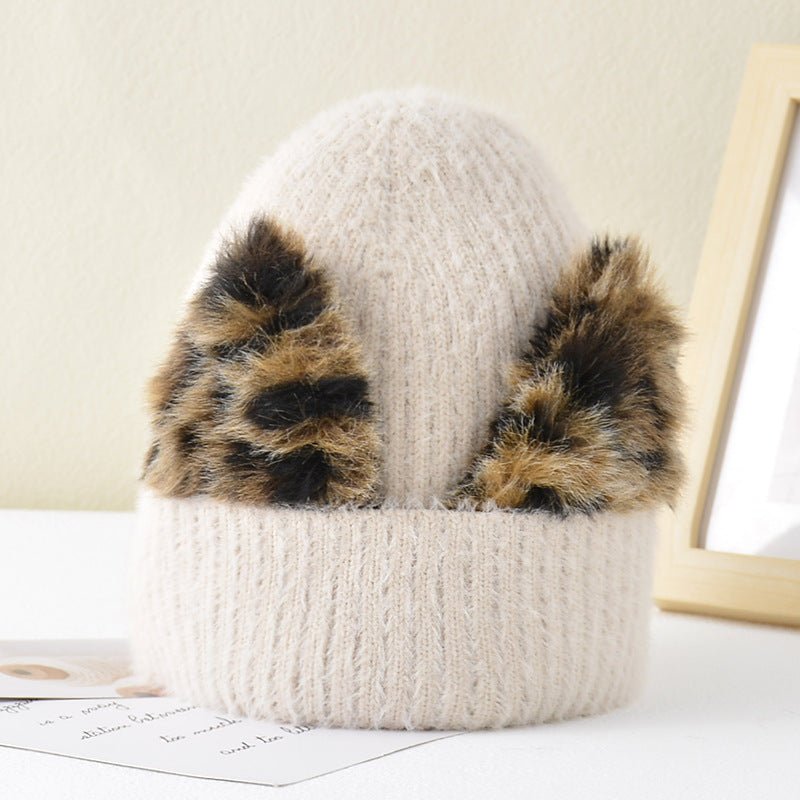 Leopard Print Cat Ear Beanie – Stretch Knit Fashion Hat for Women - Urban Caps