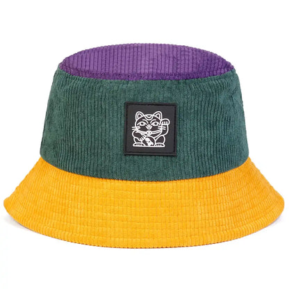 Lucky Cat Corduroy Bucket Hat - Embroidered Logo On Durable Corduroy For Casual Style