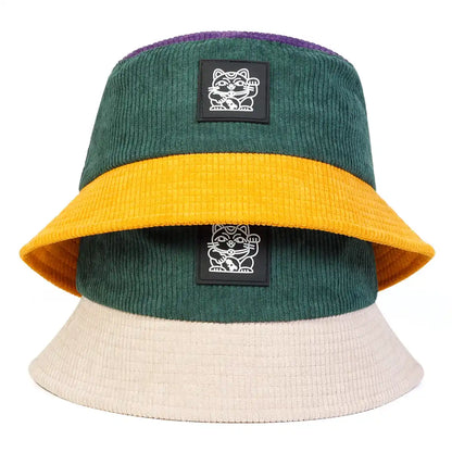 Lucky Cat Corduroy Bucket Hat - Embroidered Logo On Durable Corduroy For Casual Style