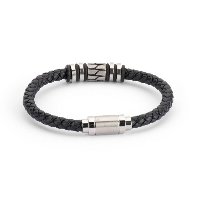 Men’s Leather and Stainless Steel Bracelet – Magnetic Clasp with Flinders Etching - Urban Caps