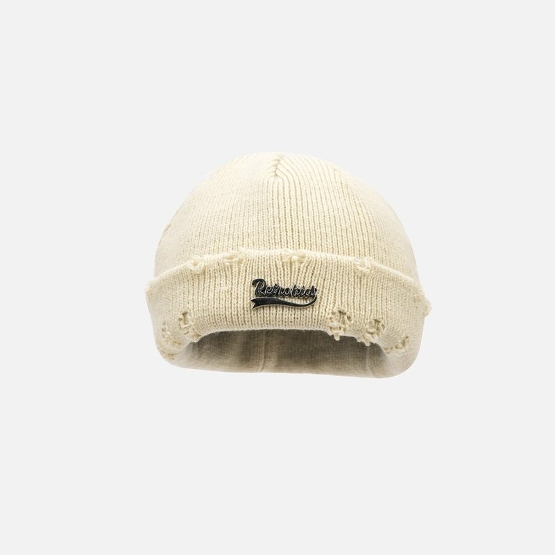 Metal Letter Beanie – Urban Woolen Knit Hat with Ripped Style Design - Urban Caps