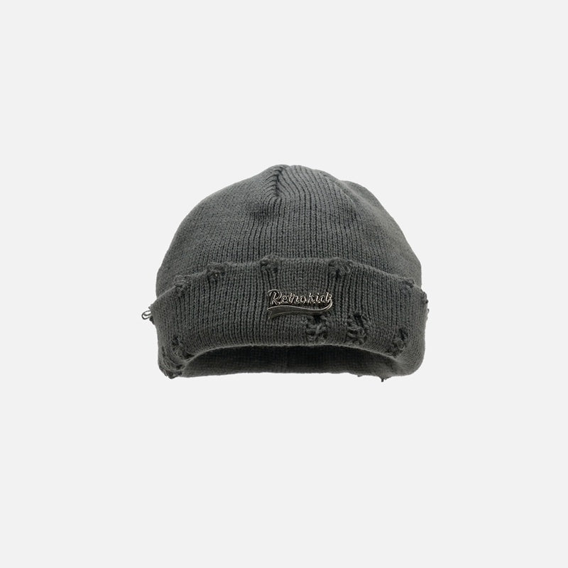 Metal Letter Beanie – Urban Woolen Knit Hat with Ripped Style Design - Urban Caps