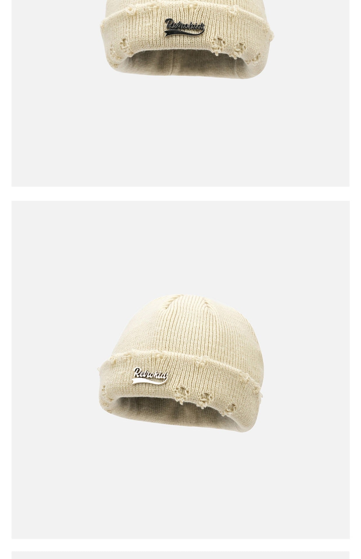 Metal Letter Beanie – Urban Woolen Knit Hat with Ripped Style Design - Urban Caps
