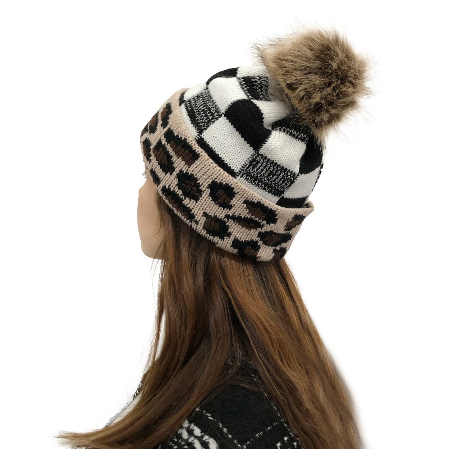 Plaid Knit Beanie with Fur Pom – Warm Jacquard Winter Hat for Women - Urban Caps
