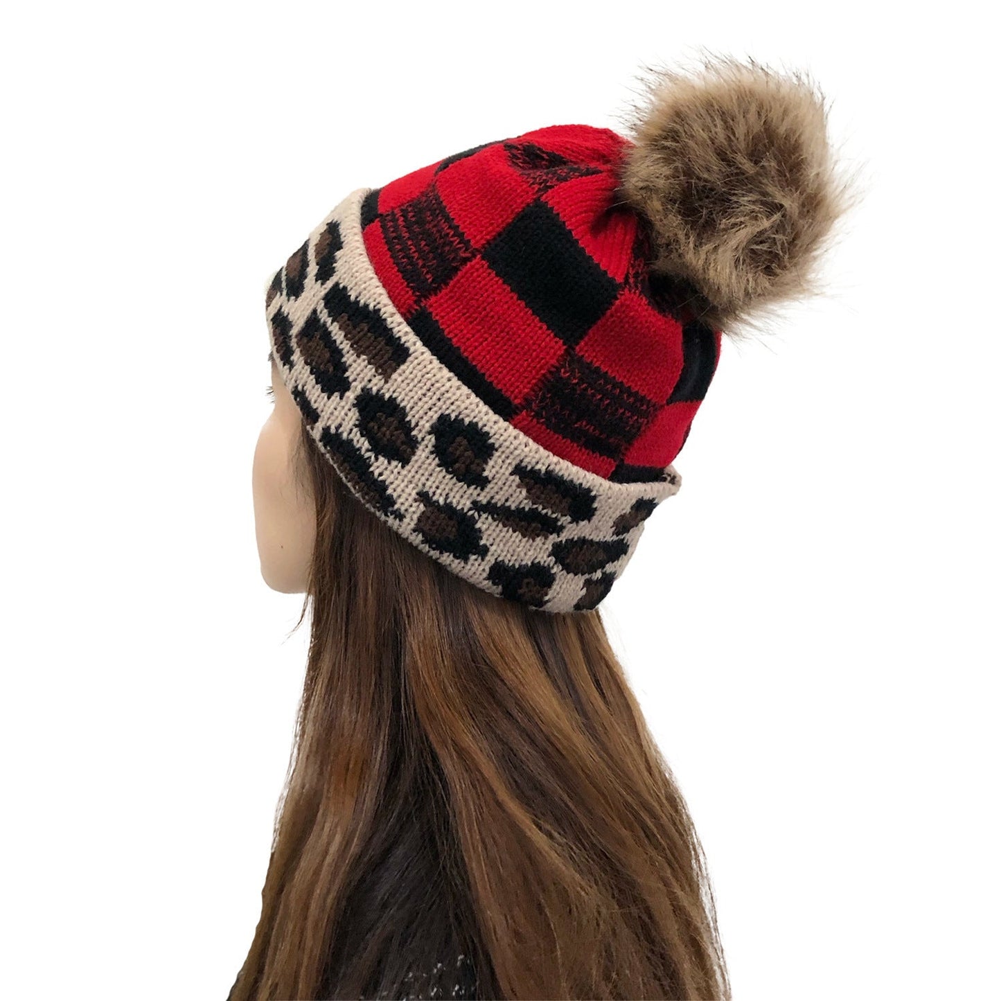 Plaid Knit Beanie with Fur Pom – Warm Jacquard Winter Hat for Women - Urban Caps
