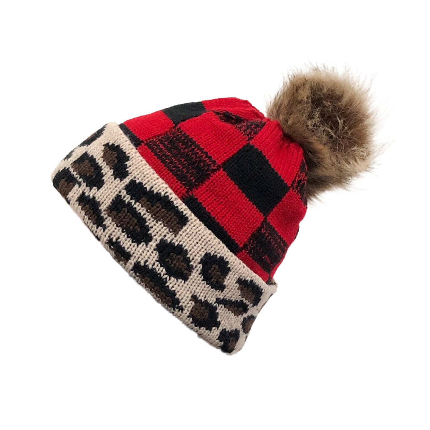 Plaid Knit Beanie with Fur Pom – Warm Jacquard Winter Hat for Women - Urban Caps