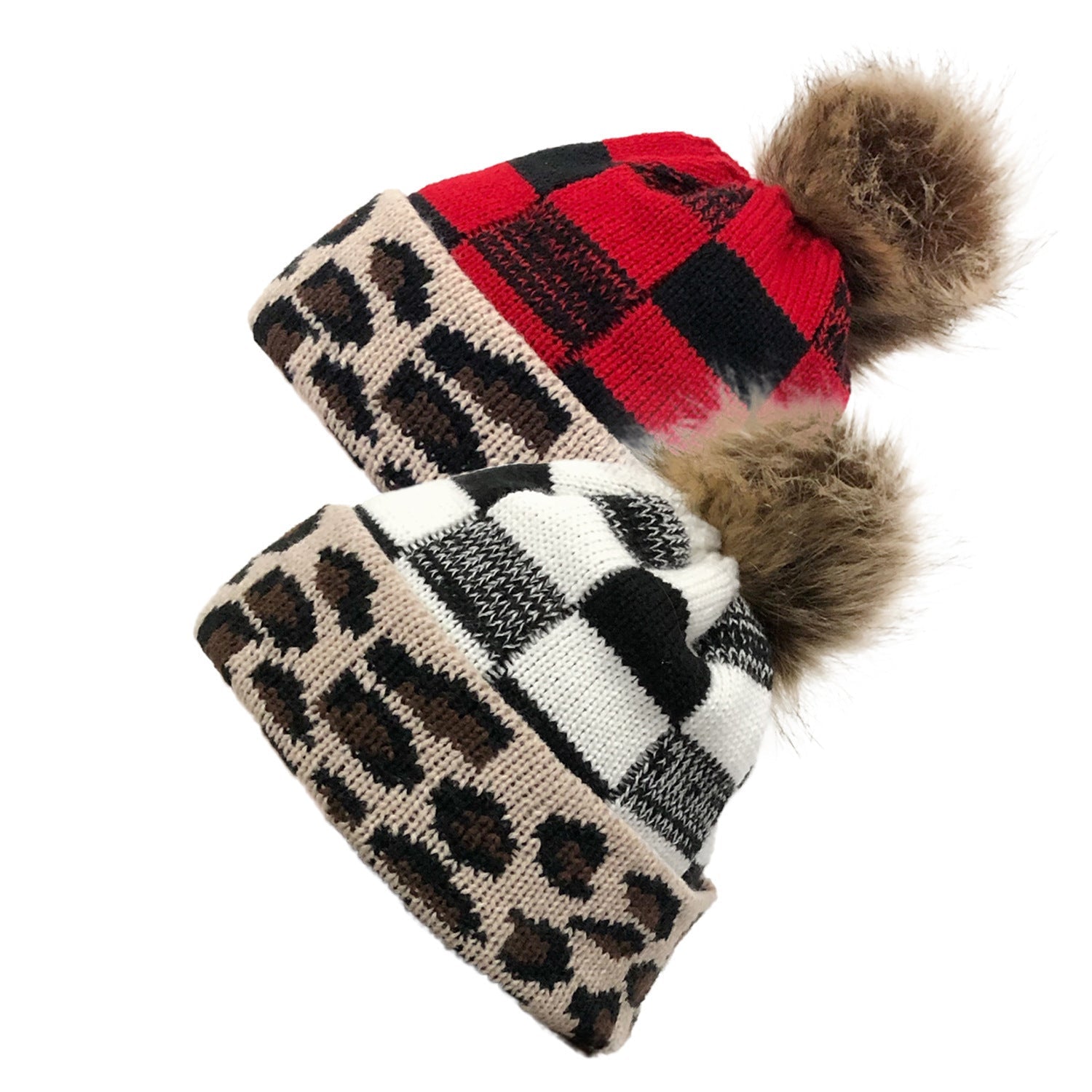 Plaid Knit Beanie with Fur Pom – Warm Jacquard Winter Hat for Women - Urban Caps