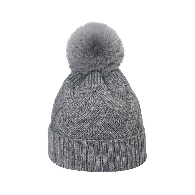 Plaid Knit Beanie with Pom Pom – Braided Winter Wool Hat with Fur Ball Detail - Urban Caps