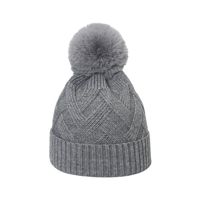 Plaid Knit Beanie with Pom Pom – Braided Winter Wool Hat with Fur Ball Detail - Urban Caps