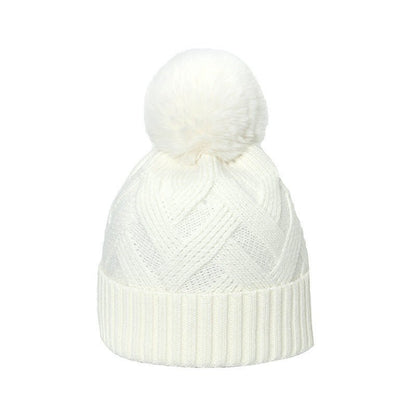 Plaid Knit Beanie with Pom Pom – Braided Winter Wool Hat with Fur Ball Detail - Urban Caps