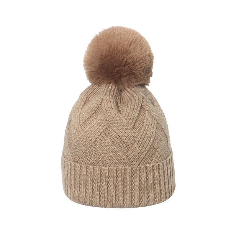 Plaid Knit Beanie with Pom Pom – Braided Winter Wool Hat with Fur Ball Detail - Urban Caps