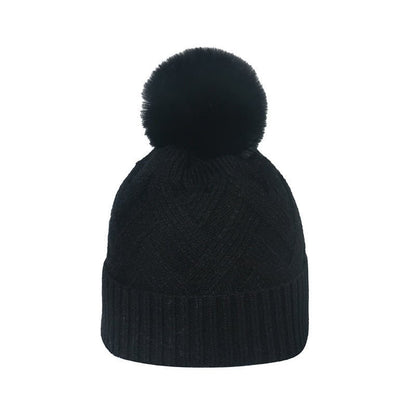 Plaid Knit Beanie with Pom Pom – Braided Winter Wool Hat with Fur Ball Detail - Urban Caps