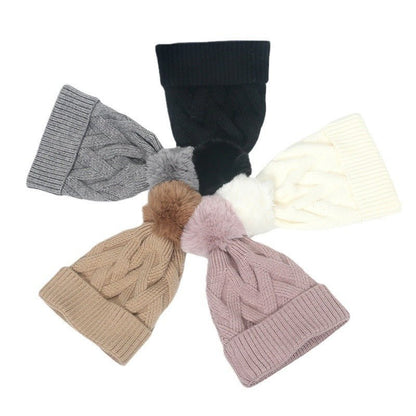 Plaid Knit Beanie with Pom Pom – Braided Winter Wool Hat with Fur Ball Detail - Urban Caps
