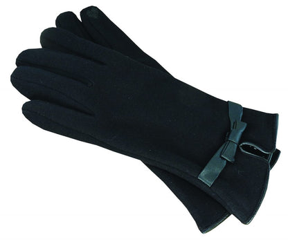 Polyester Stretch Gloves with Faux Leather Trim and Touchscreen Bow Detail - Urban Caps