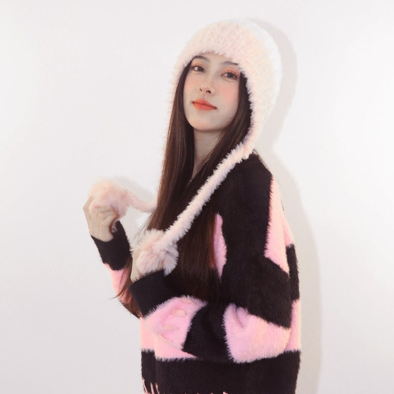 Pom Pom Fleece Beanie – Thick Knit Wool Hat with Ear Protection for Winter - Urban Caps