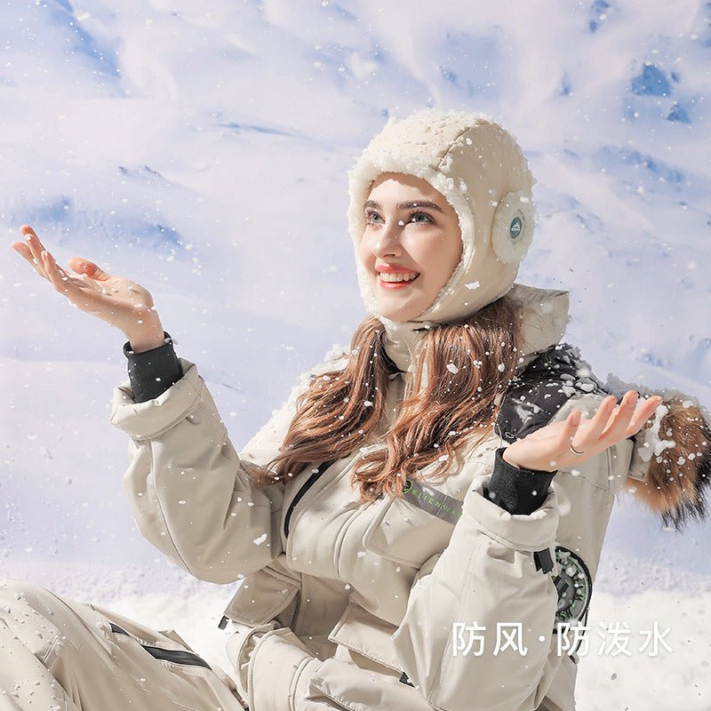 Women's Plush Winter Beanie – Windproof Down Hat with Ear Warmers for Cycling & Outdoor Cold - Urban Caps