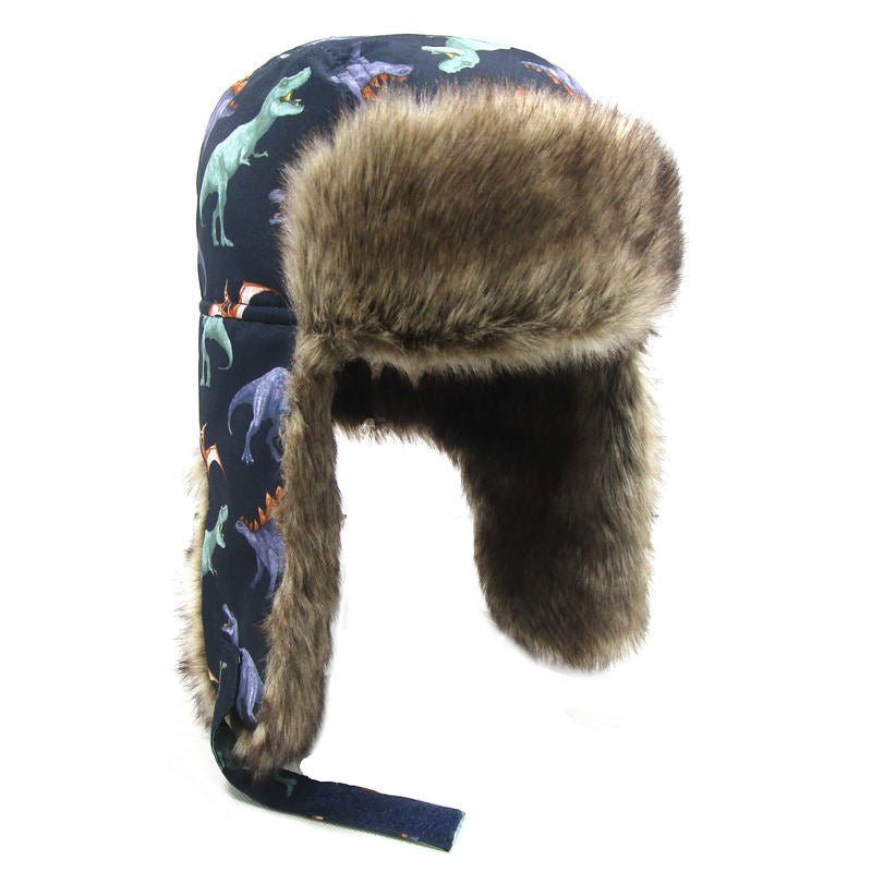 Boys Dinosaur Print Thick Warm Ear Protection Kids Hat - Urban Caps