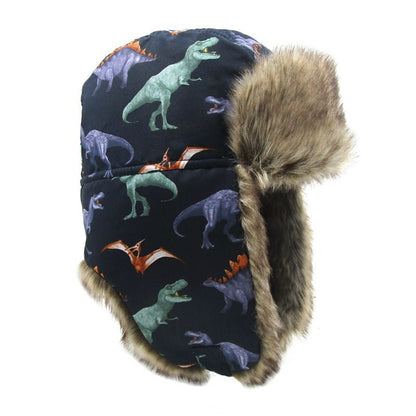 Boys Dinosaur Print Thick Warm Ear Protection Kids Hat - Urban Caps