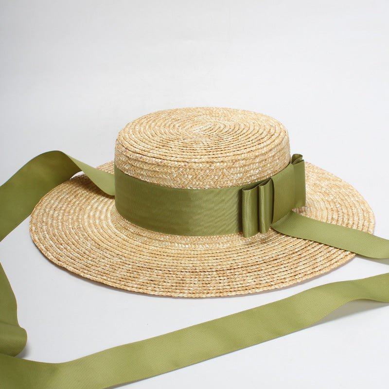 Flat Top Green Bow Tie Straw Hat - Urban Caps