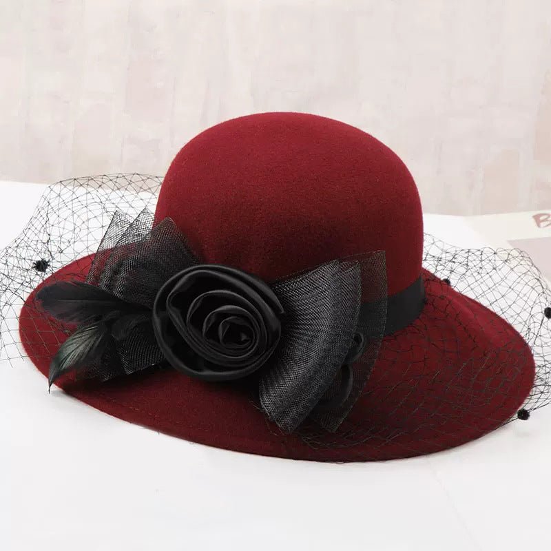 French Banquet Net Yarn Rose Wool Woolen Bowler Hat - Urban Caps