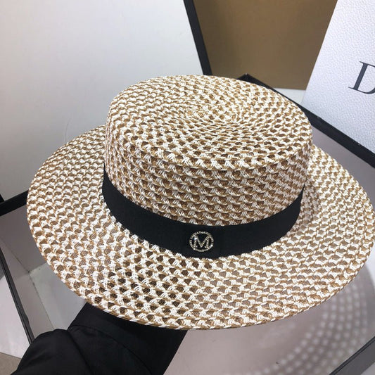 HT208 Retro Wide Brim Letter M Straw Hat Ladies Sun Hats Travel Hat - Urban Caps