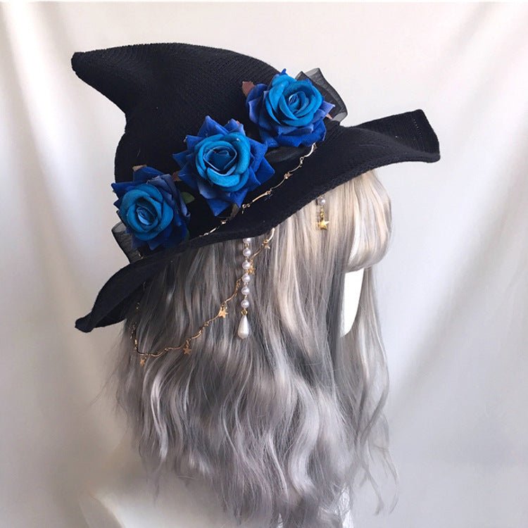 Lolita Velvet Witch Hat Halloween Wide Brim Rose Witch Hat - Urban Caps