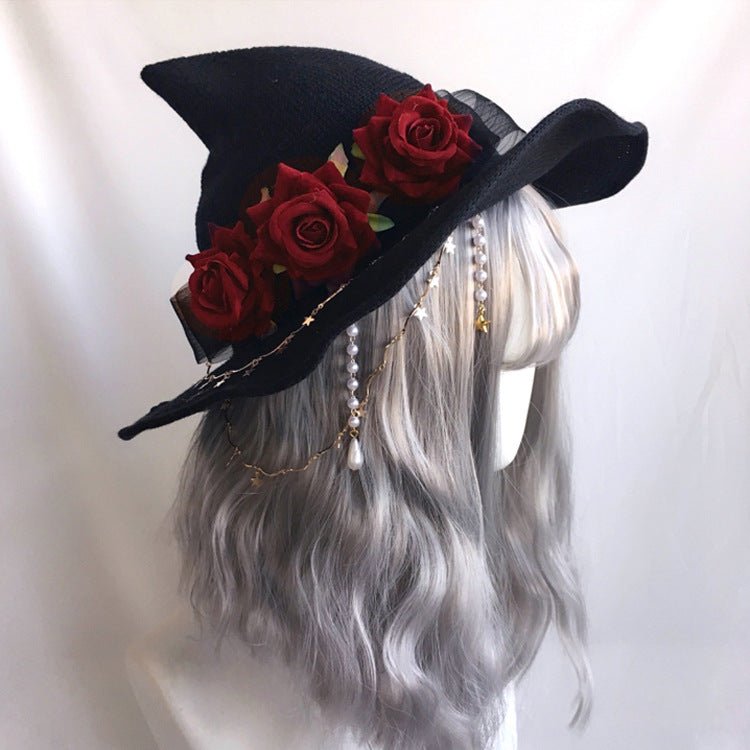 Lolita Velvet Witch Hat Halloween Wide Brim Rose Witch Hat - Urban Caps