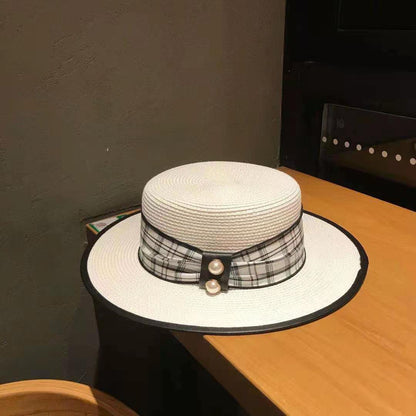 Plaid Cloth Pearl Decoration Flat Cap - Urban Caps