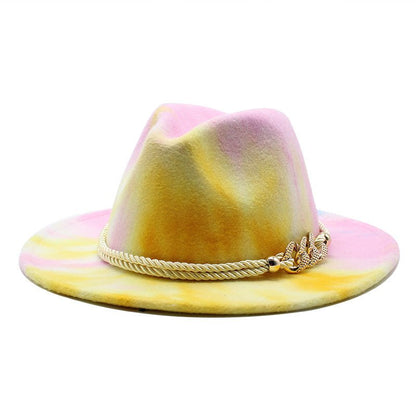 Tie-Dye Pink Woolen Cloth Gift Fashion Flat Brim Jazz Hat Felt Hat Fedoras Hat - Urban Caps