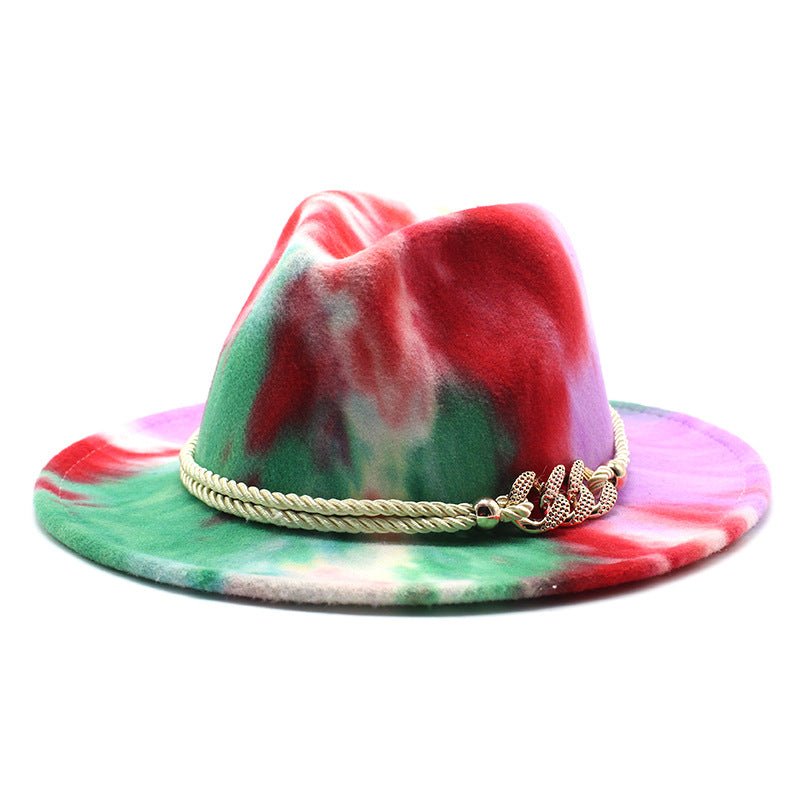 Tie-Dye Pink Woolen Cloth Gift Fashion Flat Brim Jazz Hat Felt Hat Fedoras Hat - Urban Caps