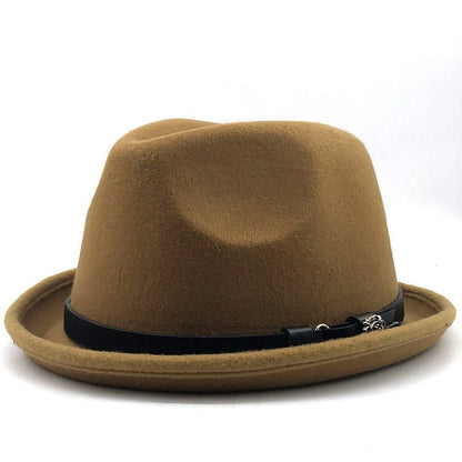 Top Hat Belt Buckle Black Woolen Hat Male British Jazz Hat Imitation Wool Fedoras Hat - Urban Caps