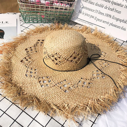Women Summer Natural Raffia Straw Hat Girl Fashion Ribbon Floppy Travel Hat - Urban Caps