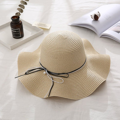 Women Summer Travel Beach UV Protection Bowknot Wide Brim Straw Hat Travel Hat - Urban Caps